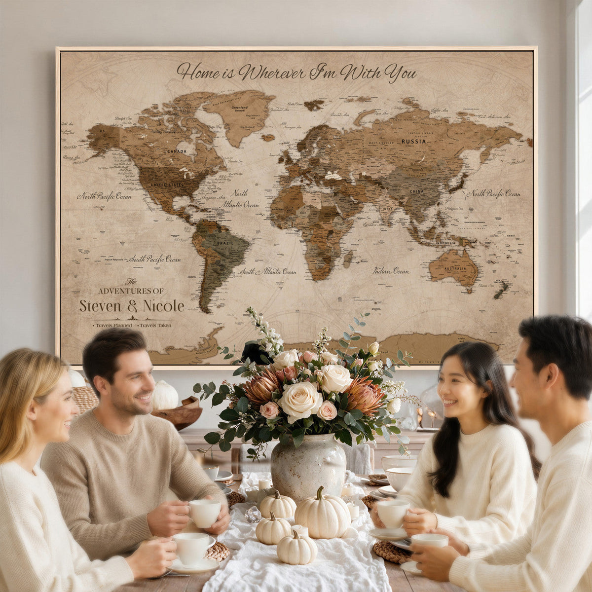 Personalized Framed Beige World Map Canvas with Push Pins, Honeymoon and Anniversary Gift, Living Room and Hallway Decor