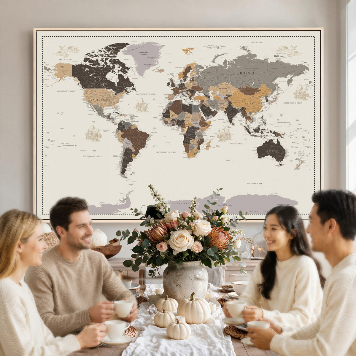 58777746-MGV-CV-36X24 - Custom Beige Modern Push Pin World Map Canvas Print, Places Visited Tracker, Bedroom and Study Decor