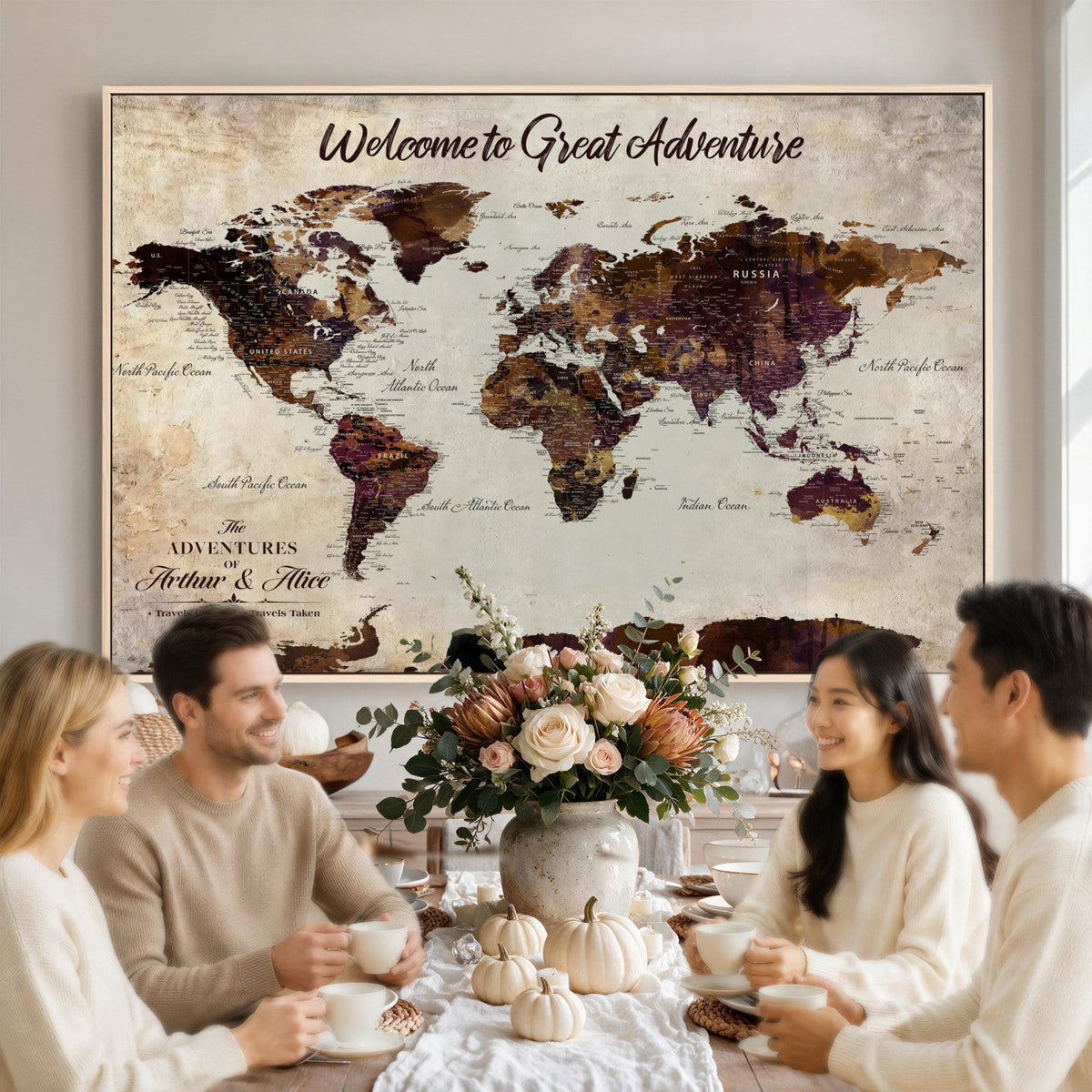 64110391126-MGV-CV-36X24 - Custom Beige World Travel Map Wall Art with Pins, Places Visited Tracker, Family Room and Entryway Decor