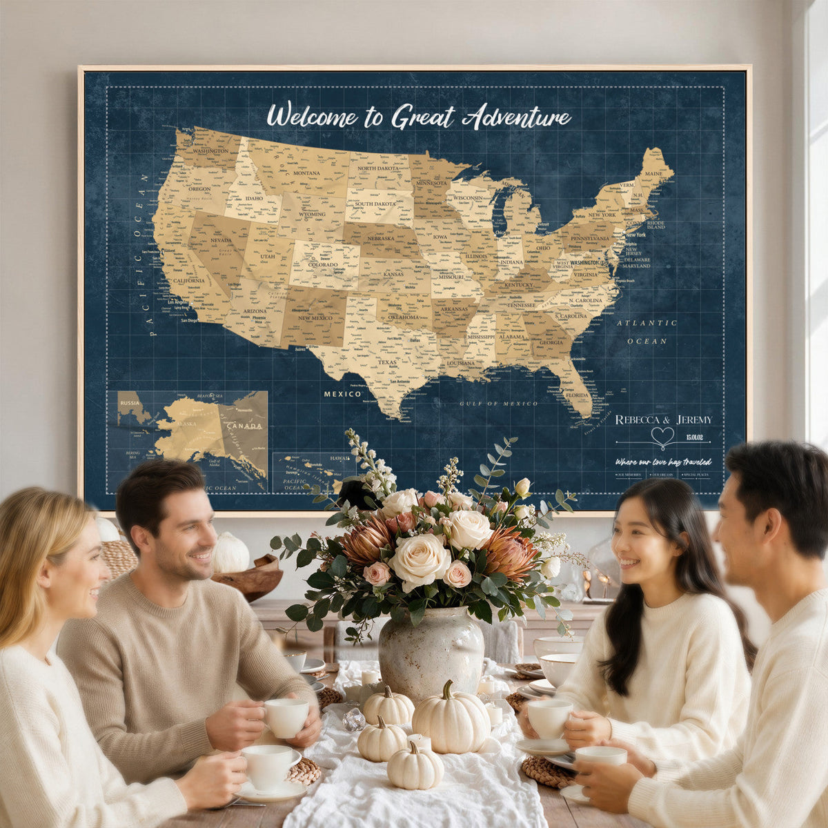 58851035-MGV-CV-36X24 - Custom Cream Push Pin USA Map Canvas Print, 50 State Bucket List Map, Family Room and Hallway Decor