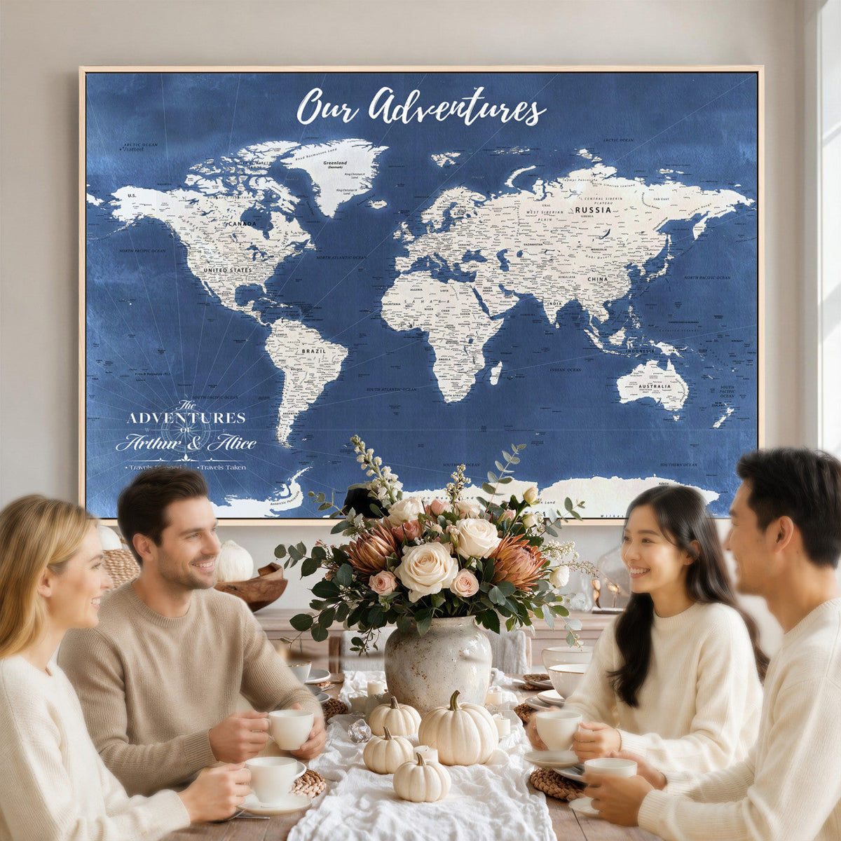 75405527-MGV-CV-36X24 - Extra Large Framed Personalize Push Pin World Map Wall Art Canvas Print for Travel Tracking - NEWMAP-113A