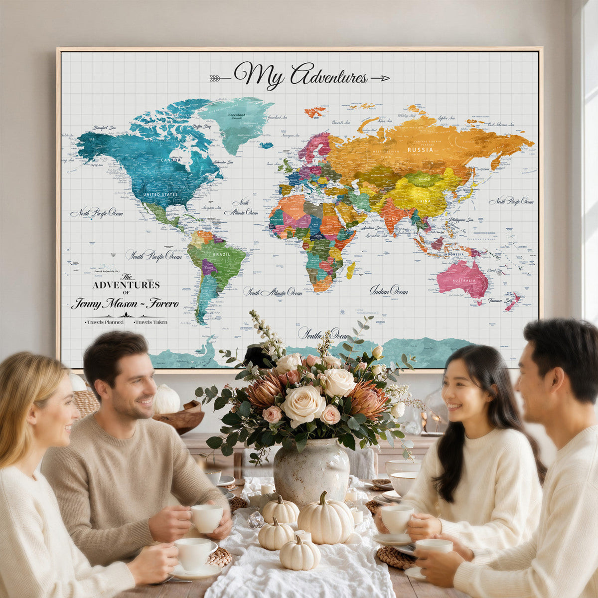 66743043-MGV-CV-36X24 - Extra Large Framed Personalize Push Pin World Map Wall Art Canvas Print for Travel Tracking - NEWMAP-131