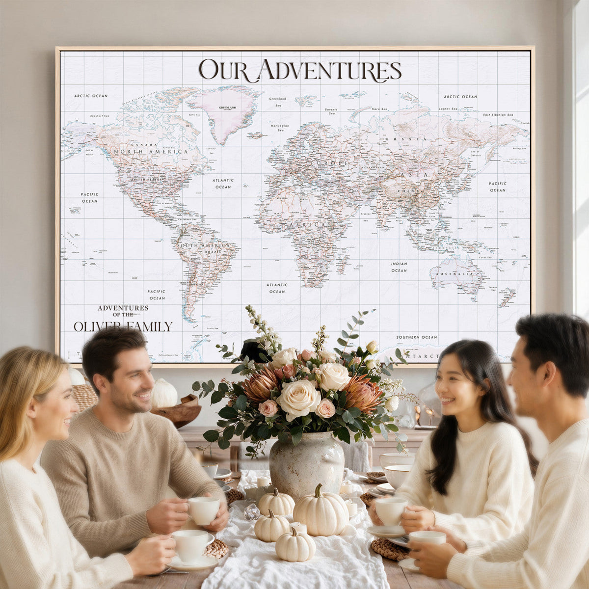 18074626D3DD-MGV-CV-36X24 - Extra Large Framed Personalized Push Pin World Map Wall Art Canvas Print for Travel Tracking