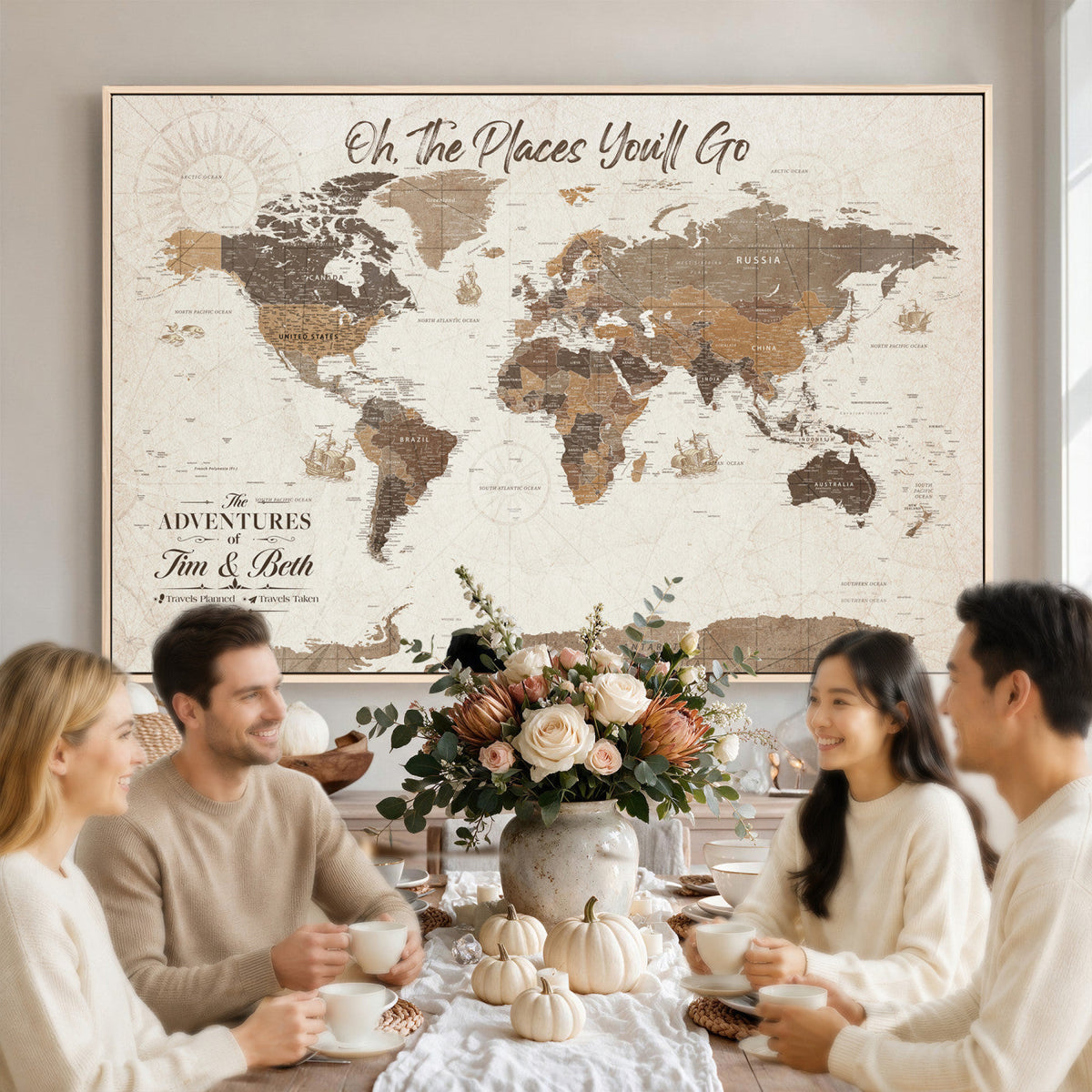 Personalized Beige Geometric Family Push Pin World Map Canvas Print, Honeymoon and Anniversary Gift, Living Room and Study Decor