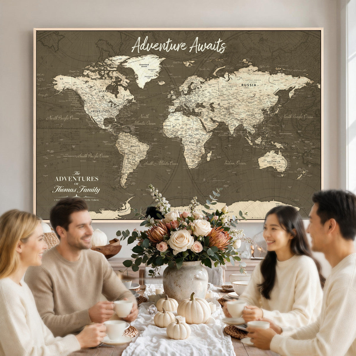 Personalized White Modern World Travel Map Wall Art with Pins, Honeymoon and Anniversary Gift, Living Room and Dining Room Decor