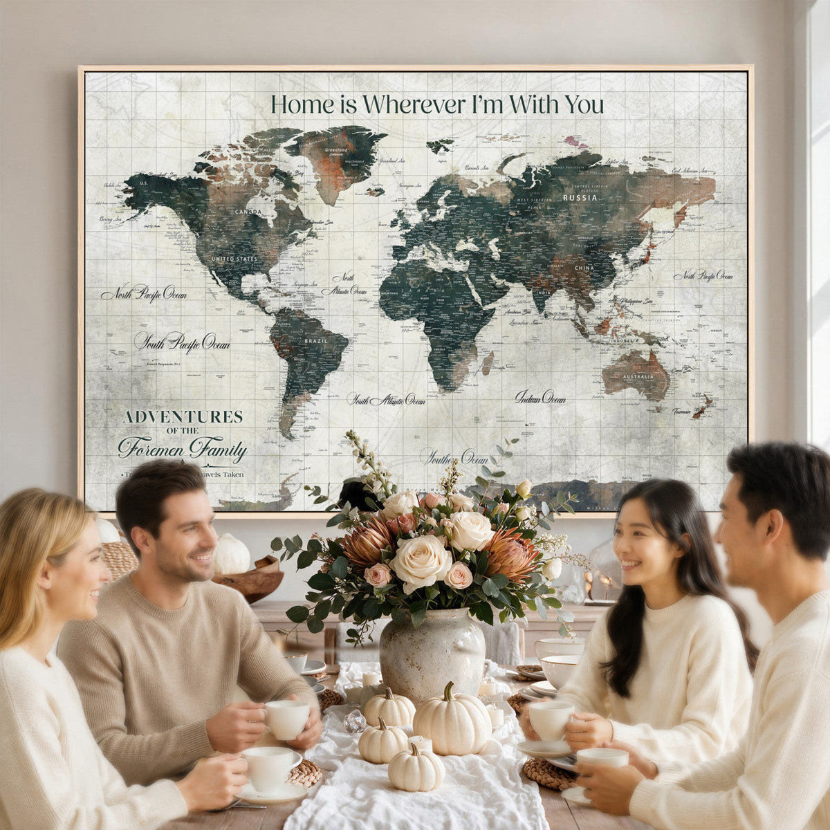 Personalized Framed Beige Push Pin Travel Map Canvas Print, Family Travel Tracker, Home Office and Hallway Decor