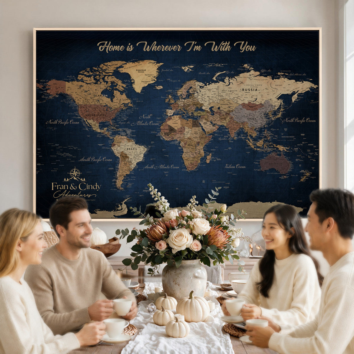 57774467D-MGV-CV-36X24 - Custom Push Pin World Map Wall Art Canvas Print – Personalized Travel Tracker with Pins Framed Large for Home and Office Decor