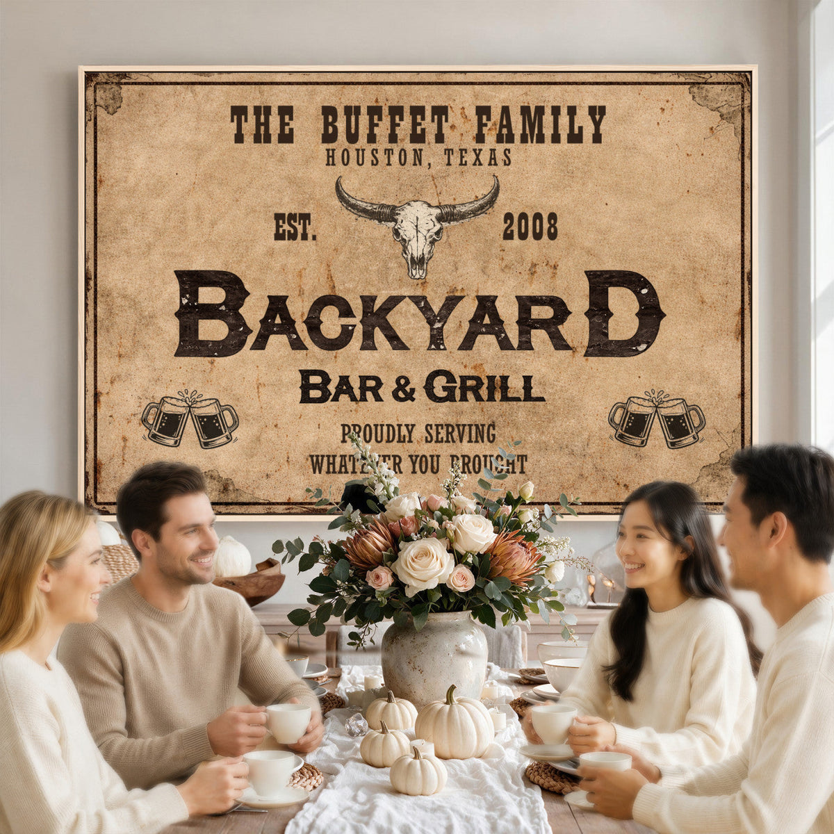 Custom Backyard Bar & Grill Sign Canvas, Personalized Family Name Sign