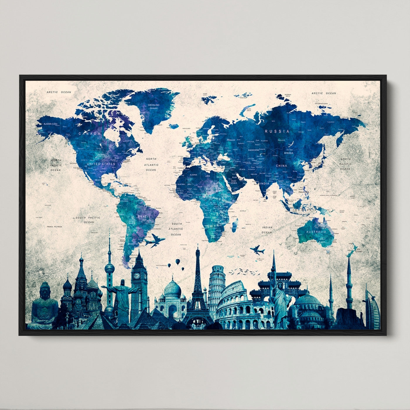 Navy Blue World Map Canvas Print, Wonder of World Map Push Pin Canvas Print