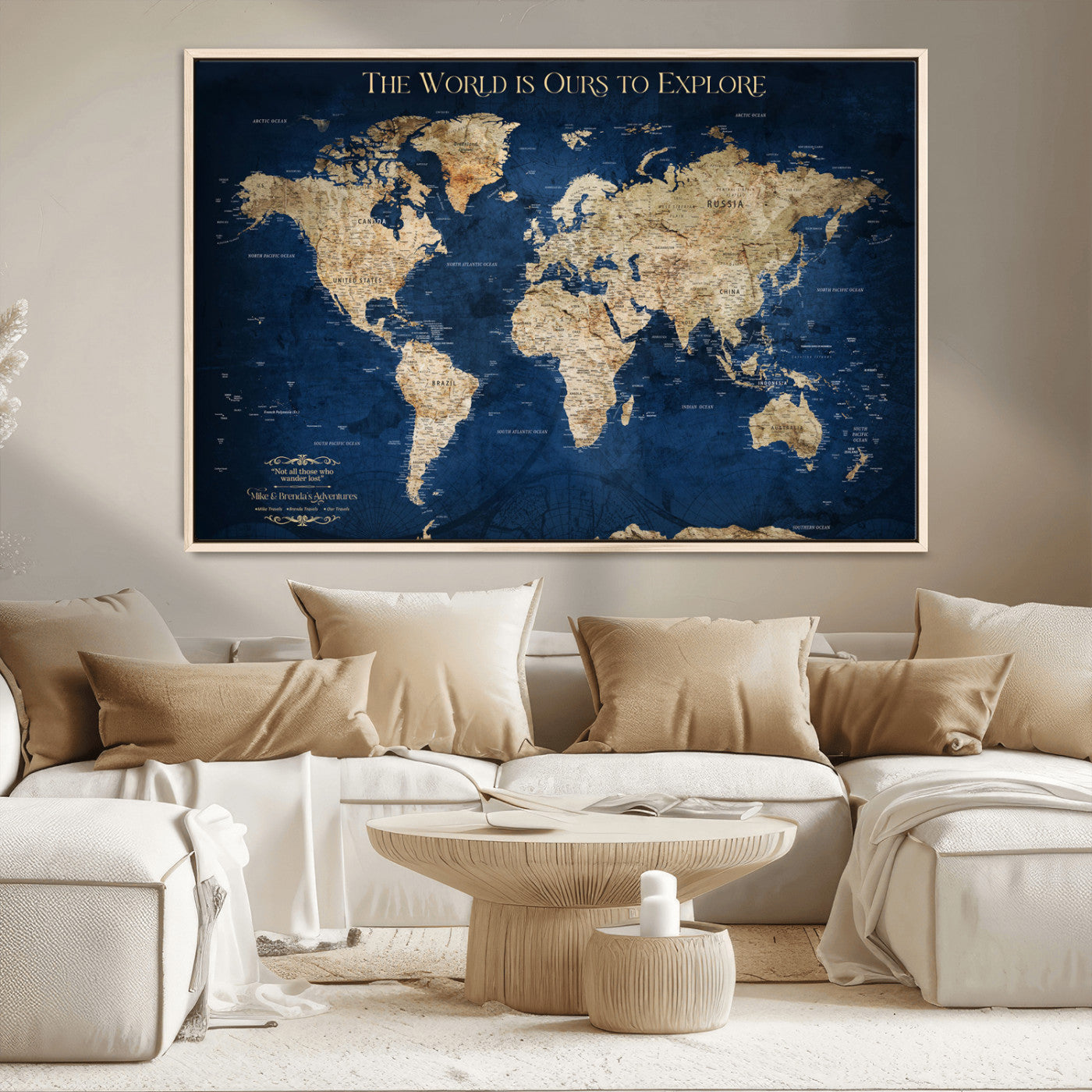 Custom World Map Wall Art – Personalized Framed Canvas Print with Push Pins for Travel Tracking, Anniversary or Couple Gift Ideas - H2-2