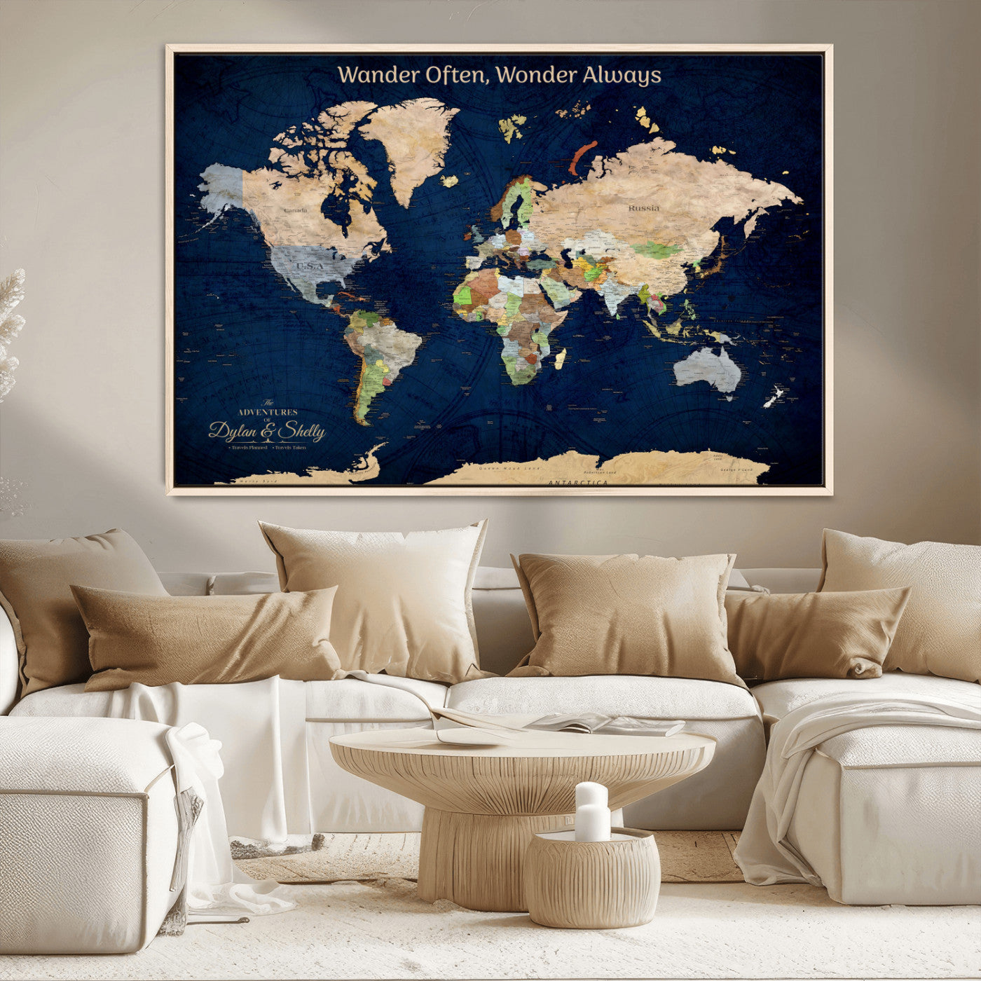 12399561-MGV-CV-30X20-Personalized World Map Print, Customizable Push Pin Framed World Map Print on Canvas - Custom Quote on Map Print
