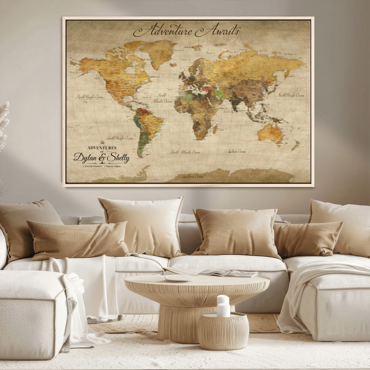 50298017-MGV-CV-36X24-Personalized World Map Print, Customizable Push Pin Framed World Map Print on Canvas - Custom Quote on Map Print