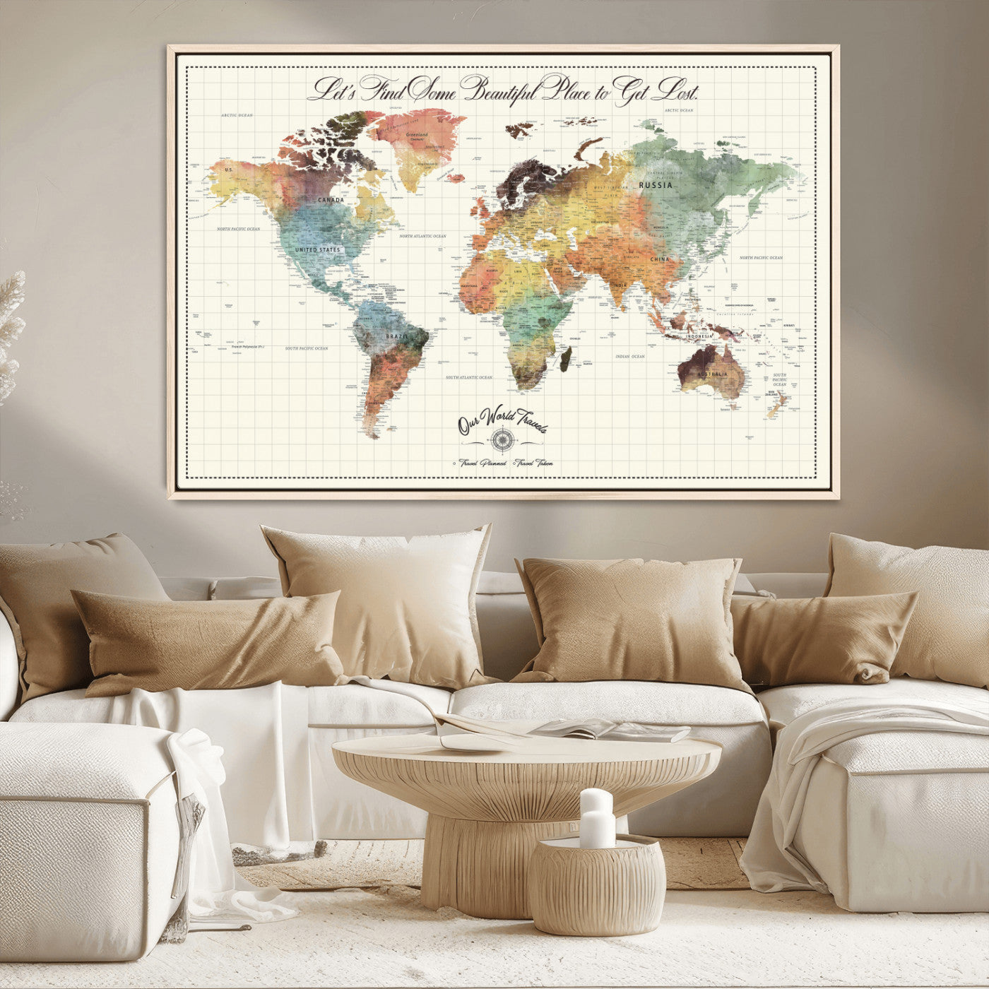 29289638-MGV-CV-36X24-Personalized World Map Print - Customizable Push Pin Framed World Map Print on Canvas - Custom Quote on Map Print
