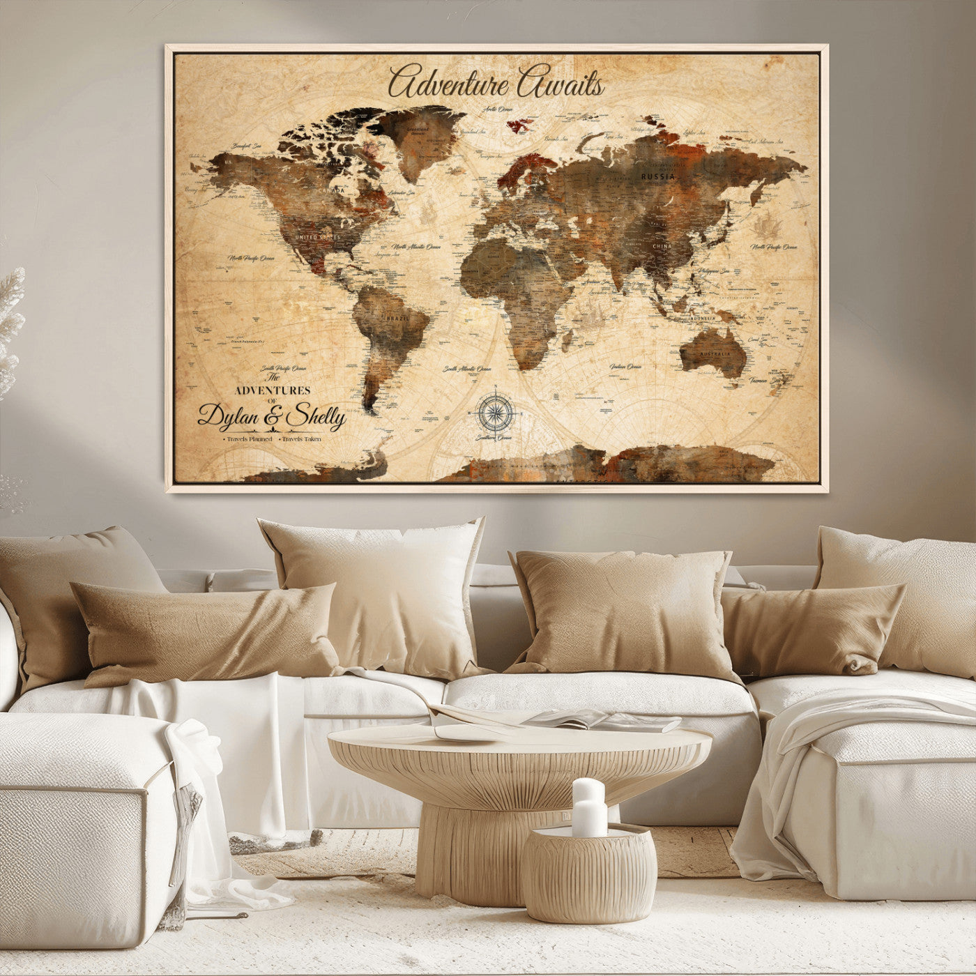 66357947-MGV-CV-36X24-Personalized World Map Print, Customizable Push Pin Framed World Map Print on Canvas - Custom Quote on Map Print