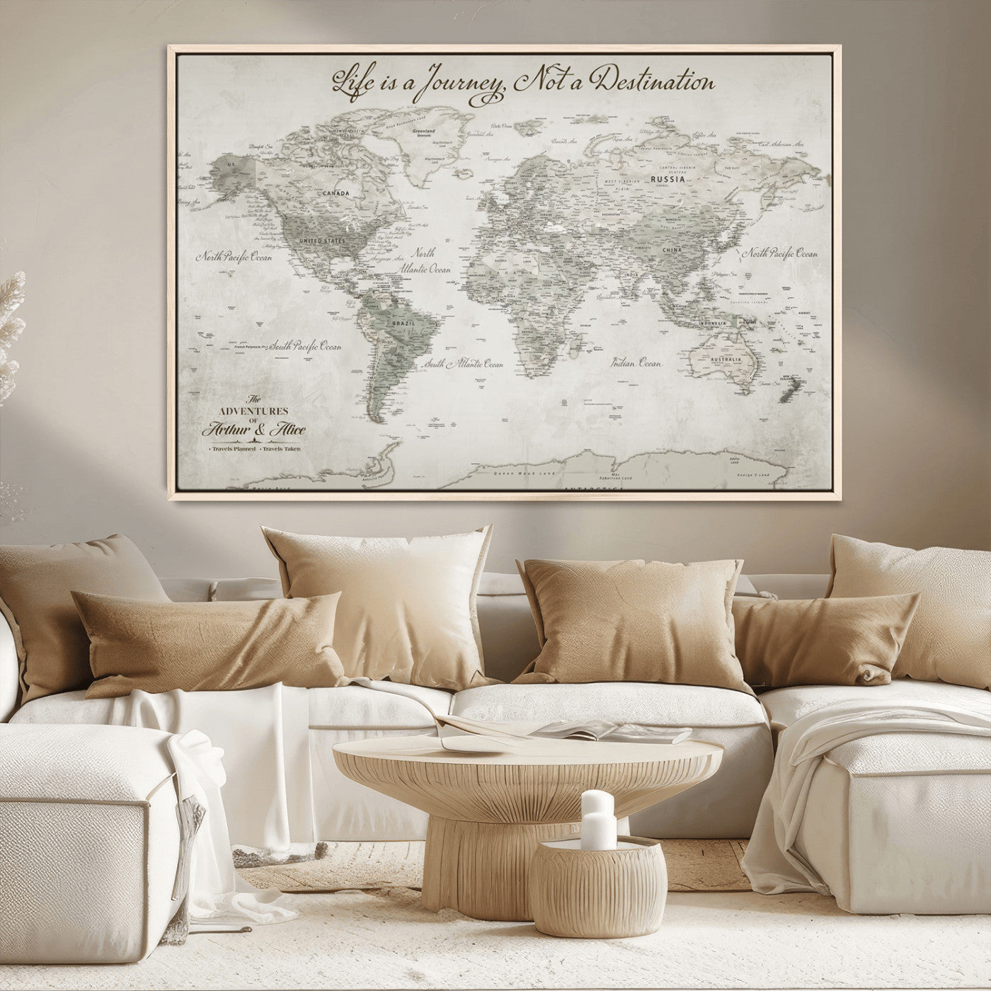 Custom Push Pin World Map Wall Canvas Print – Personalized Travel Tracker with Pins – Framed Custom Quotie Canvas for Home Office Decor