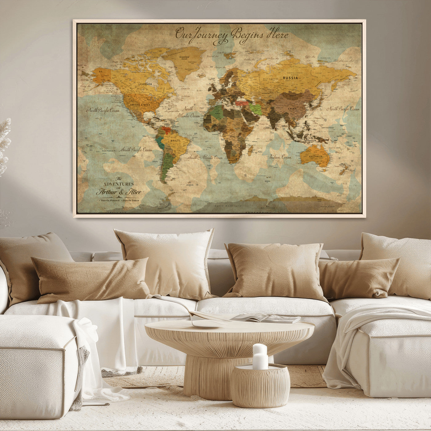 40572820-MGV-CV-36X24-Custom Push Pin World Map Wall Canvas Print – Personalized Travel Tracker with Pins – Framed Custom Quotie Canvas for Home Office Decor