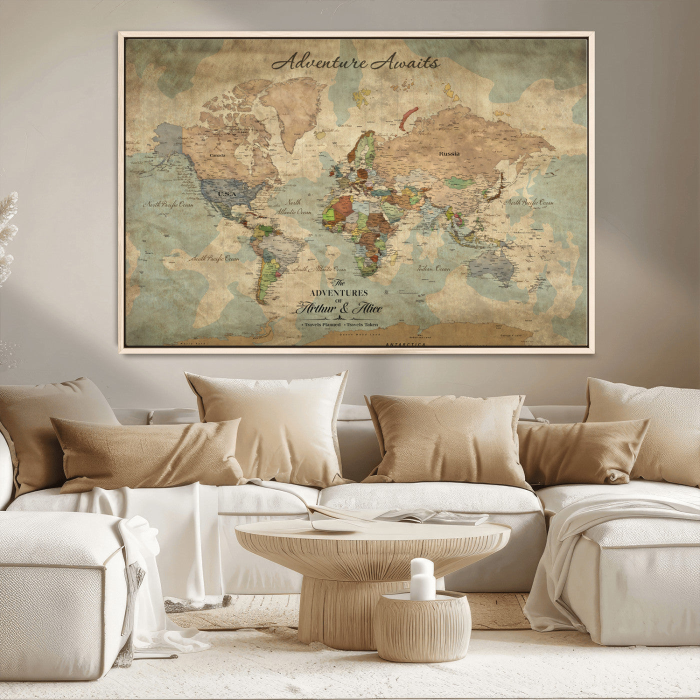 60798273-MGV-CV-30X20-Custom Push Pin World Map Wall Canvas Print – Personalized Travel Tracker with Pins – Framed Custom Quotie Canvas for Home Office Decor