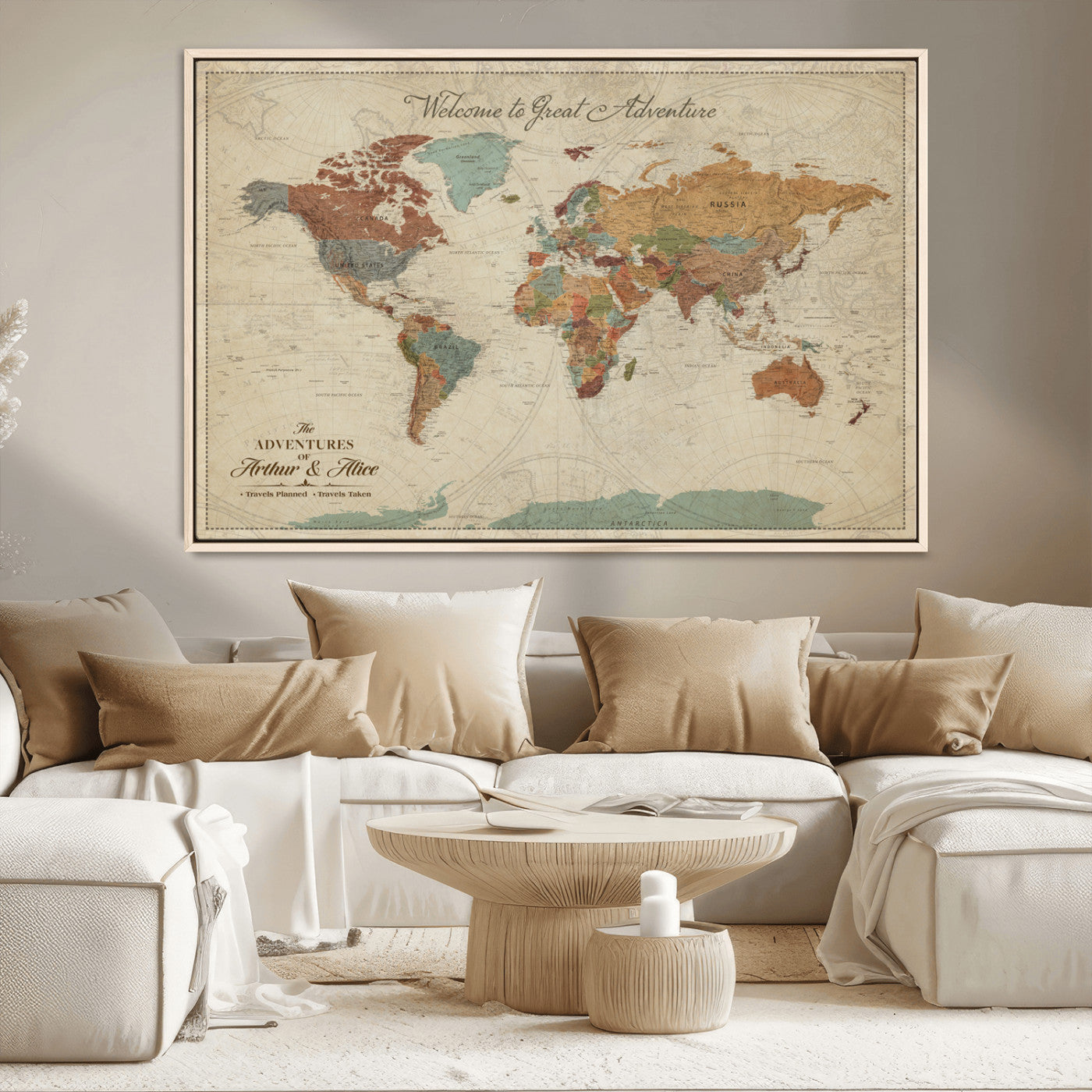 17587858-MGV-CV-36X24-Custom Push Pin World Map Wall Canvas Print – Personalized Travel Tracker with Pins – Framed Custom Quotie Canvas for Home Office Decor