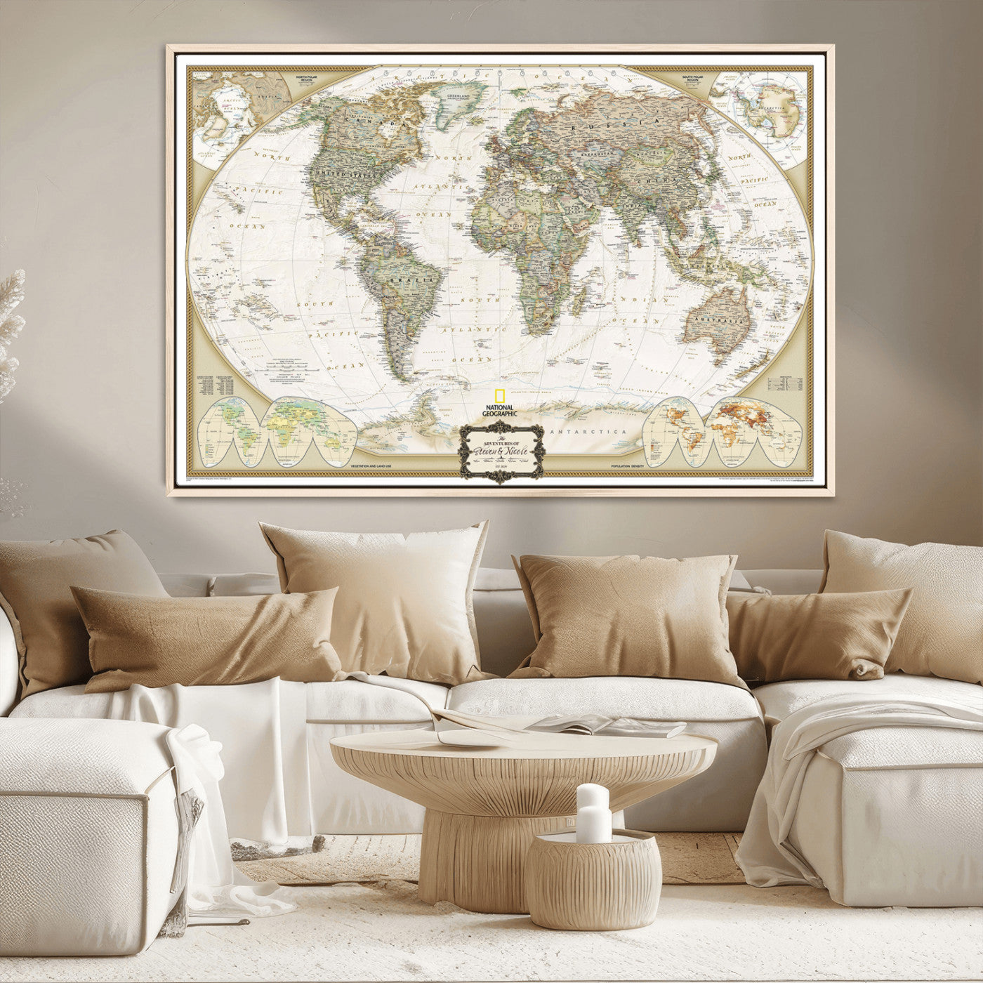 Custom Push Pin World Map Wall Art Canvas Print – Personalized National Geopraphic Map for Travel Plan – Framed Customize Animal Map for Stady Room Decor