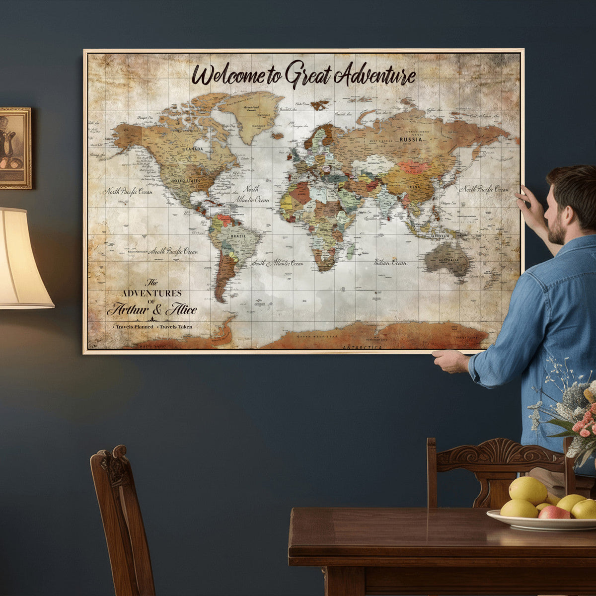 Personalized Beige Push Pin World Map Wall Art, Bucket List Map, Living Room and Family Room Decor