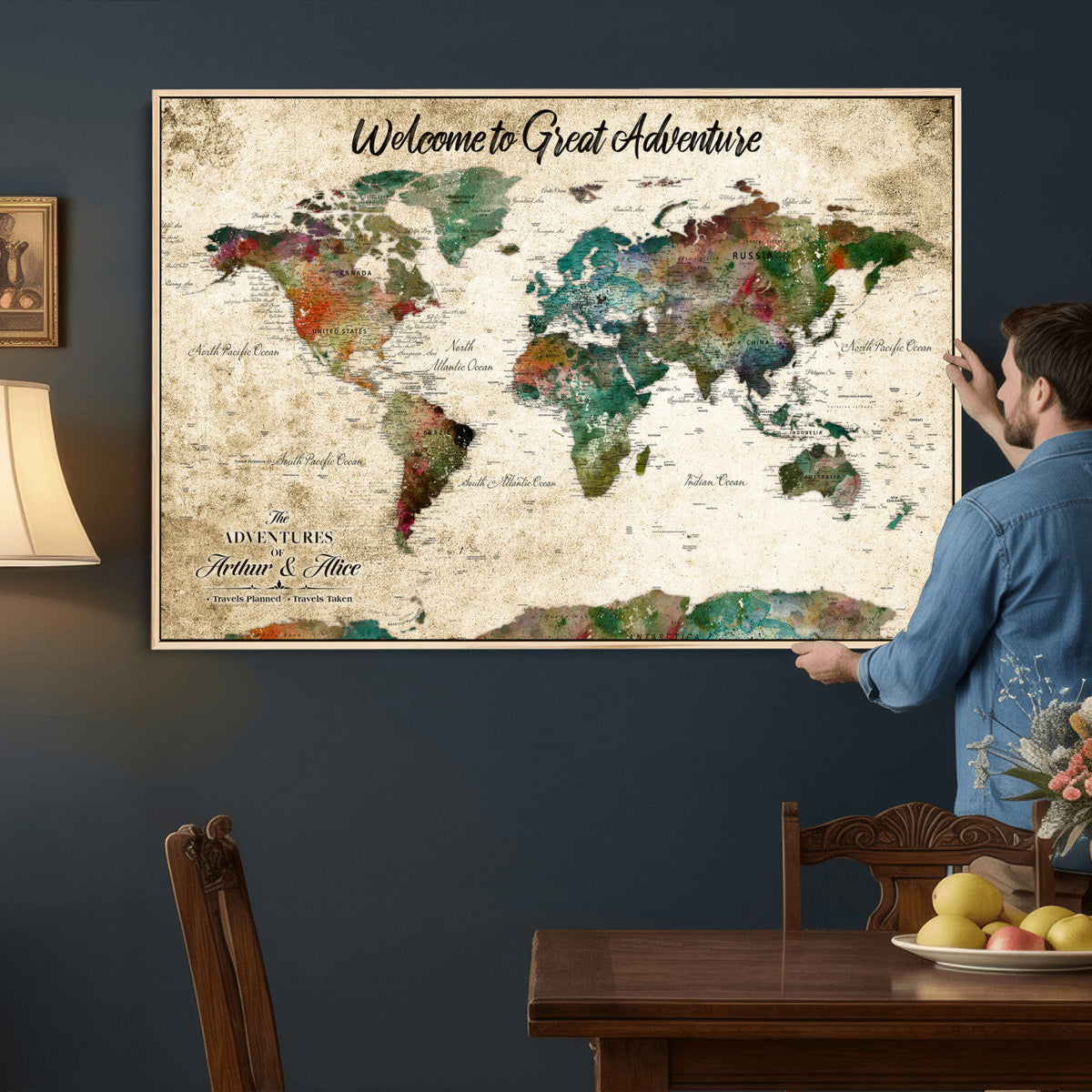 Personalized Beige Grunge World Map Canvas with Push Pins, Next Trip Planner Map, Family Room and Home Office Decor