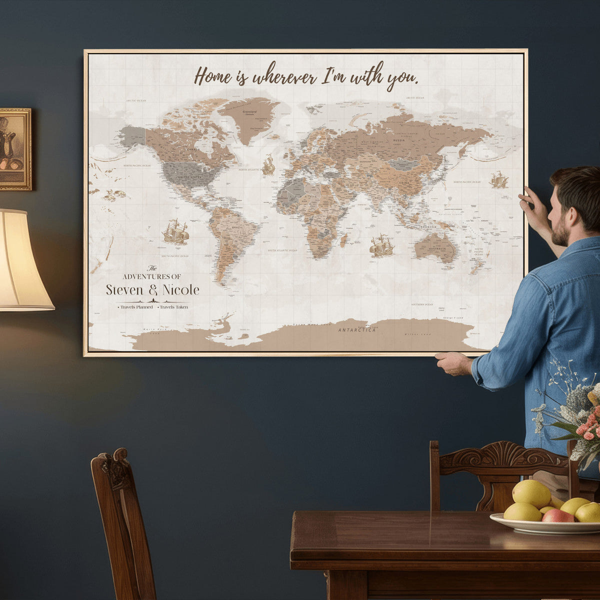 Personalized Push Pin Travel Map Canvas Print, Honeymoon and Anniversary Gift, Family Room and Hallway Decor