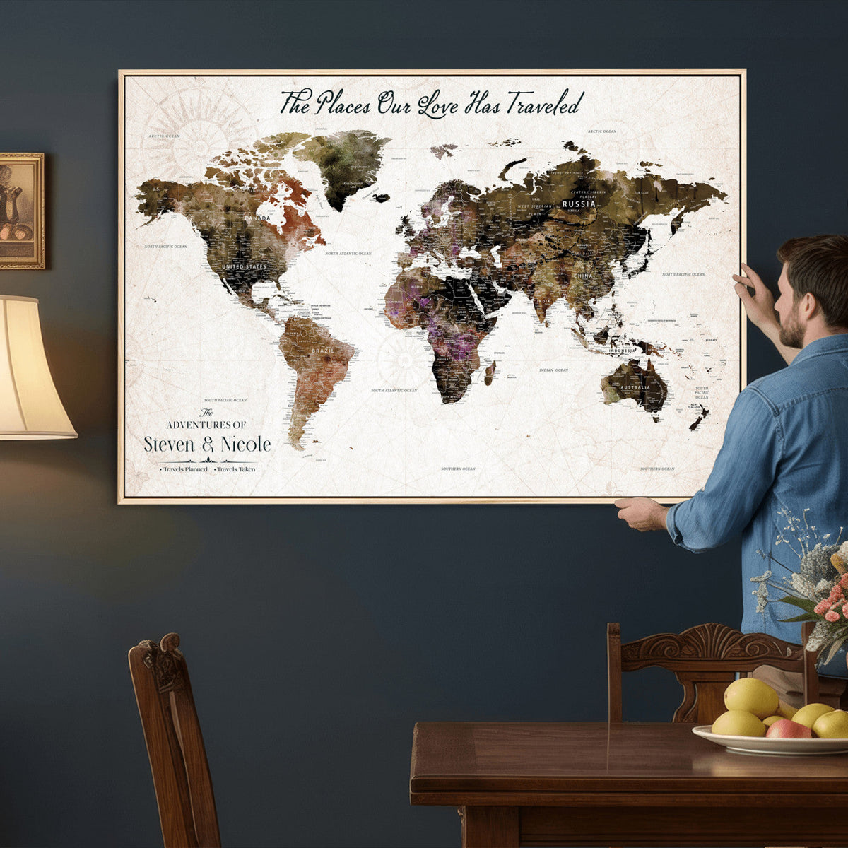 34345515-MGV-CV-36X24 - Custom Push Pin World Map Wall Art Canvas Print | Personalized Travel Tracker with Pins Framed Large for Home and Office Decor