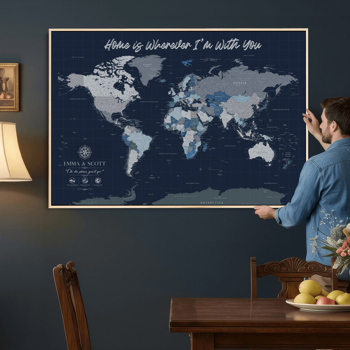 NEWMAP-18-MGV-CV-36X24 - Custom Push Pin World Map Wall Art Canvas Print | Personalized Travel Tracker with Pins Framed Large Print - NEWMAP-18