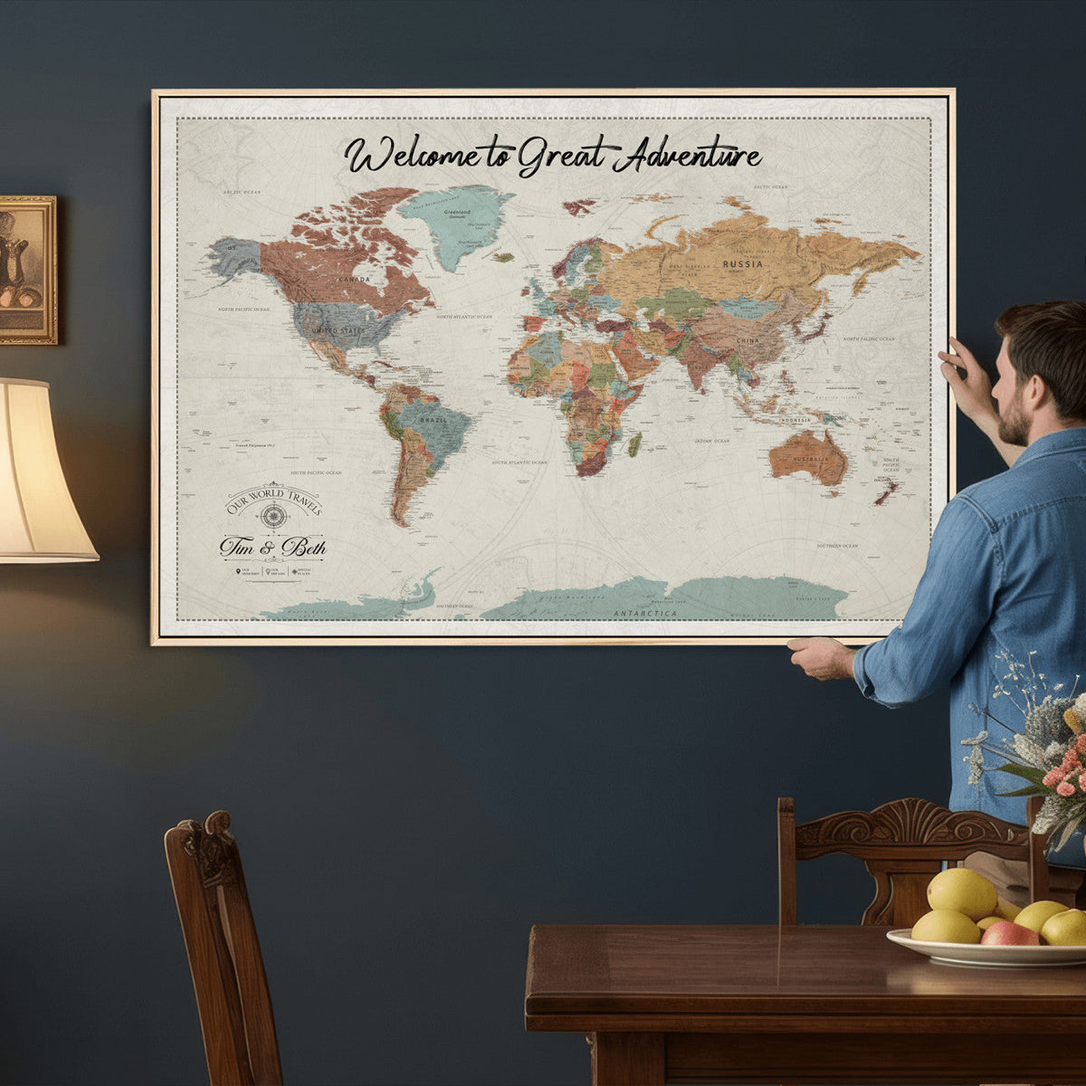 Custom Beige Push Pin World Map Canvas Print, Bucket List Map, Dining Room and Home Office Decor