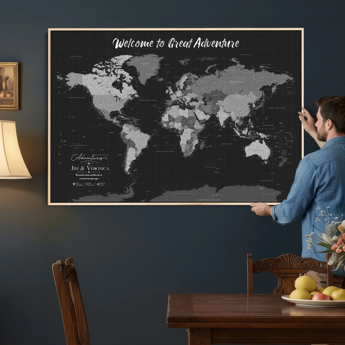 Custom Framed Navy Vintage World Map Canvas with Push Pins, Next Trip Planner Map, Entryway and Hallway Decor