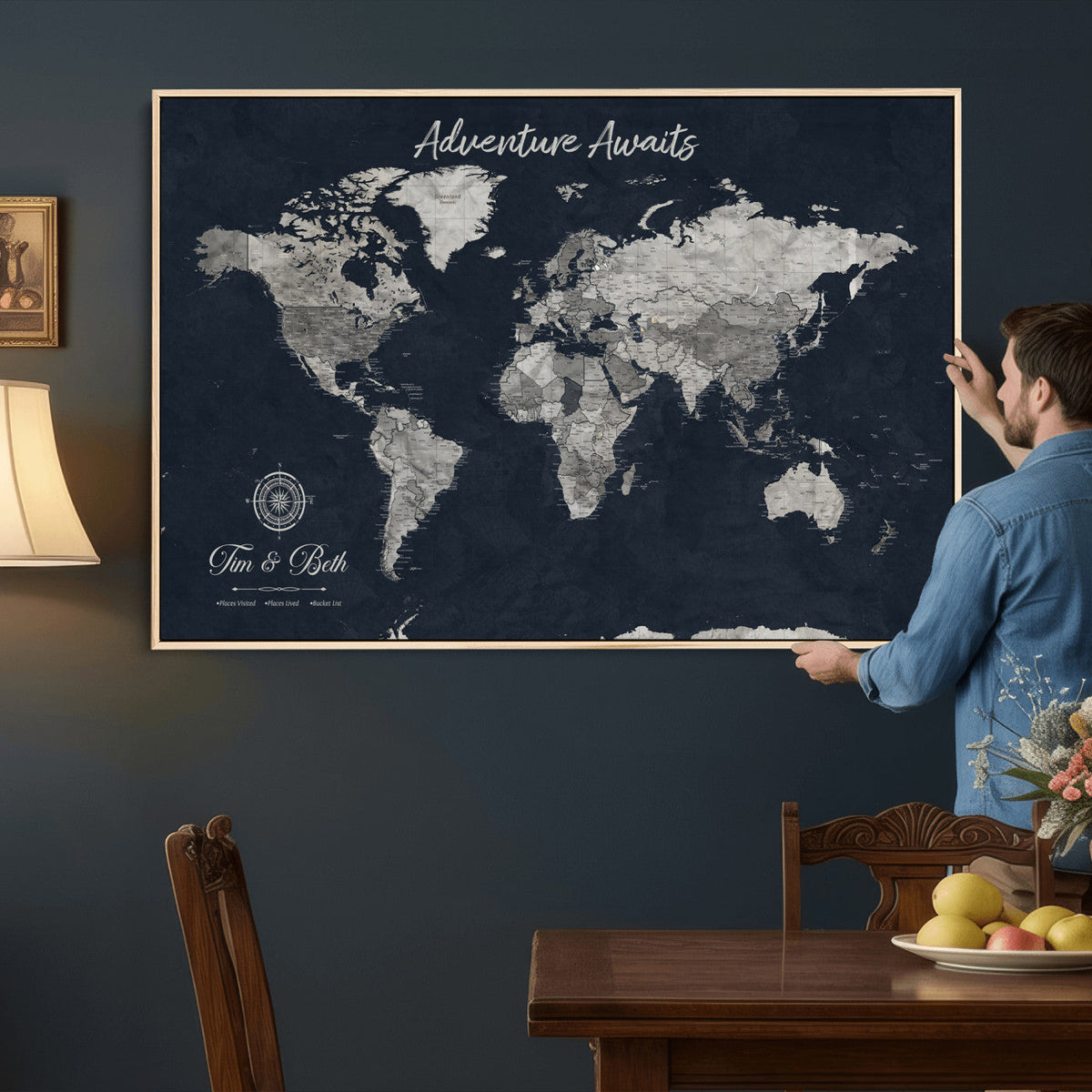 Personalized Framed Beige Vintage Push Pin World Map Wall Art, Bucket List Map, Study and Hallway Decor