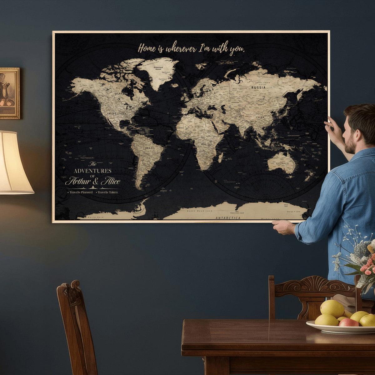 Personalized Framed Beige Modern Push Pin World Map Canvas Print, Places Visited Tracker, Family Room and Bedroom Decor
