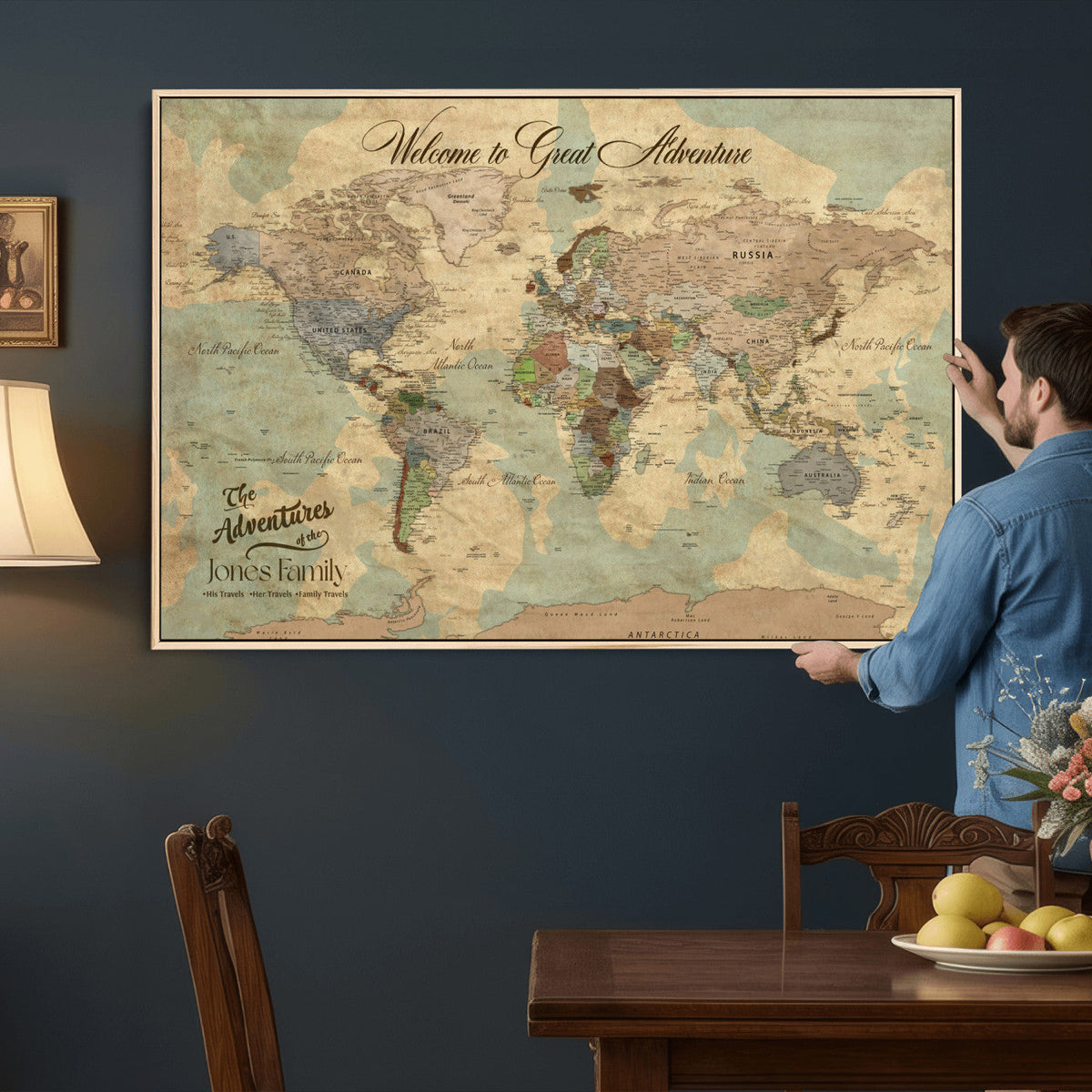 Personalized Framed Navy Vintage Push Pin World Map Wall Art, Places Visited Tracker, Bedroom and Hallway Decor