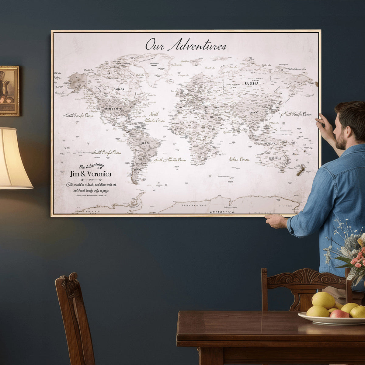 Personalized Beige Vintage World Travel Map Wall Art with Pins, Honeymoon and Anniversary Gift, Entryway and Hallway Decor