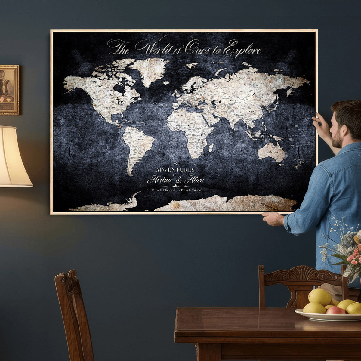 Personalized Beige Modern Push Pin Travel Map Canvas Print, Places Visited Tracker, Study and Entryway Decor