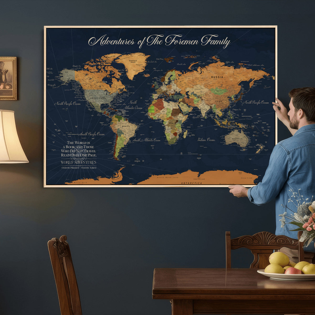 84352304-MGV-CV-36X24 - Custom Push Pin Travel Map Canvas Print, Honeymoon and Anniversary Gift, Living Room and Dining Room Decor