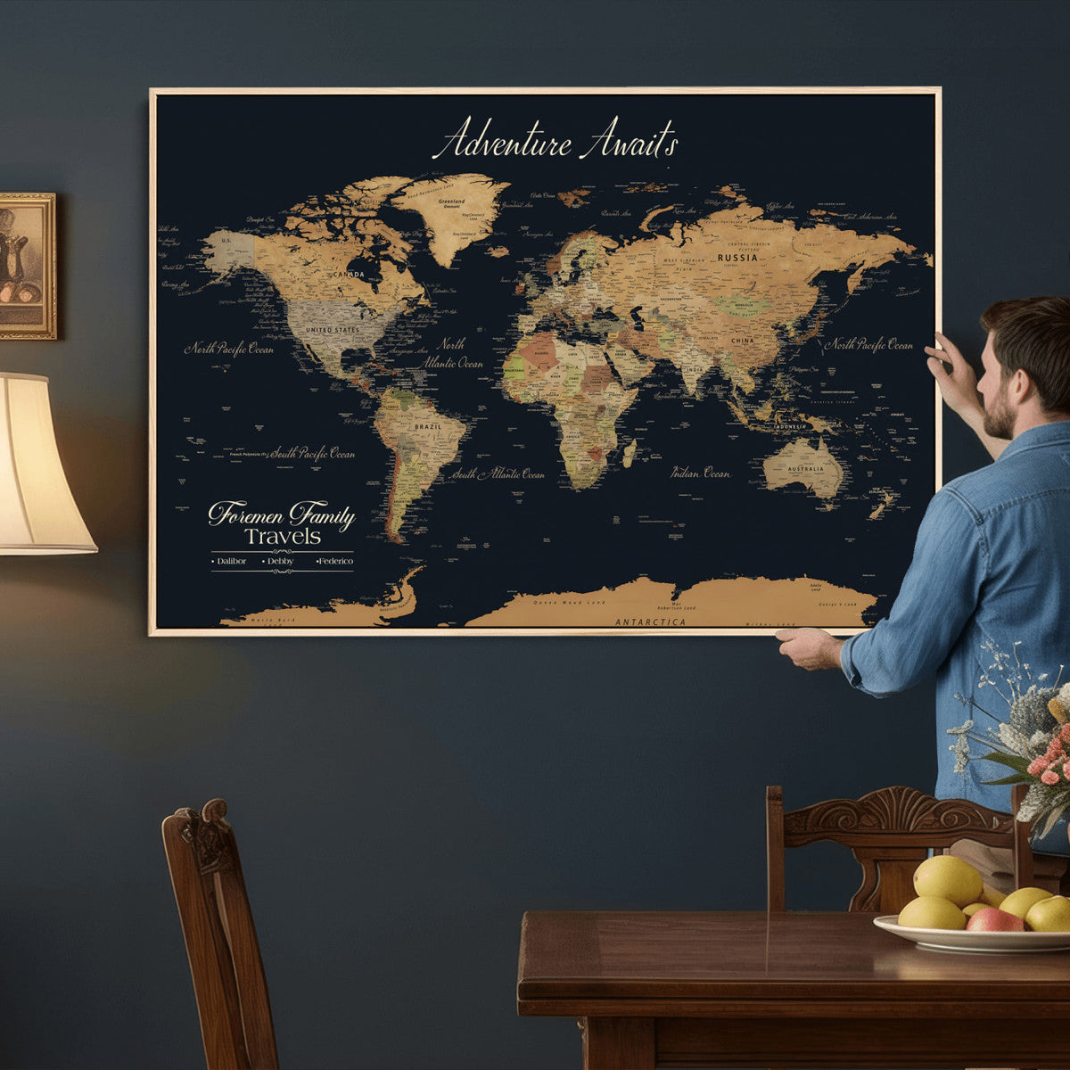 Personalized Framed Beige Geometric Family Push Pin World Map Canvas Print, Next Trip Planner Map, Family Room and Entryway Decor