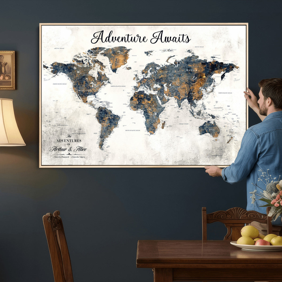 Custom Framed Beige Geometric World Travel Map Wall Art with Pins, Places Visited Tracker, Family Room and Home Office Decor