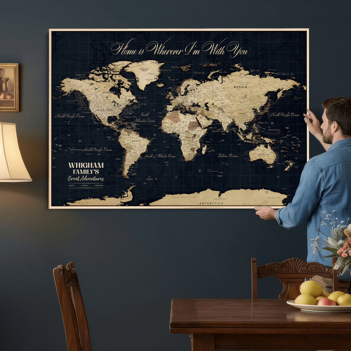 Personalized Framed Beige Geometric Push Pin World Map Wall Art, Couples Countries Visited Map, Bedroom and Hallway Decor