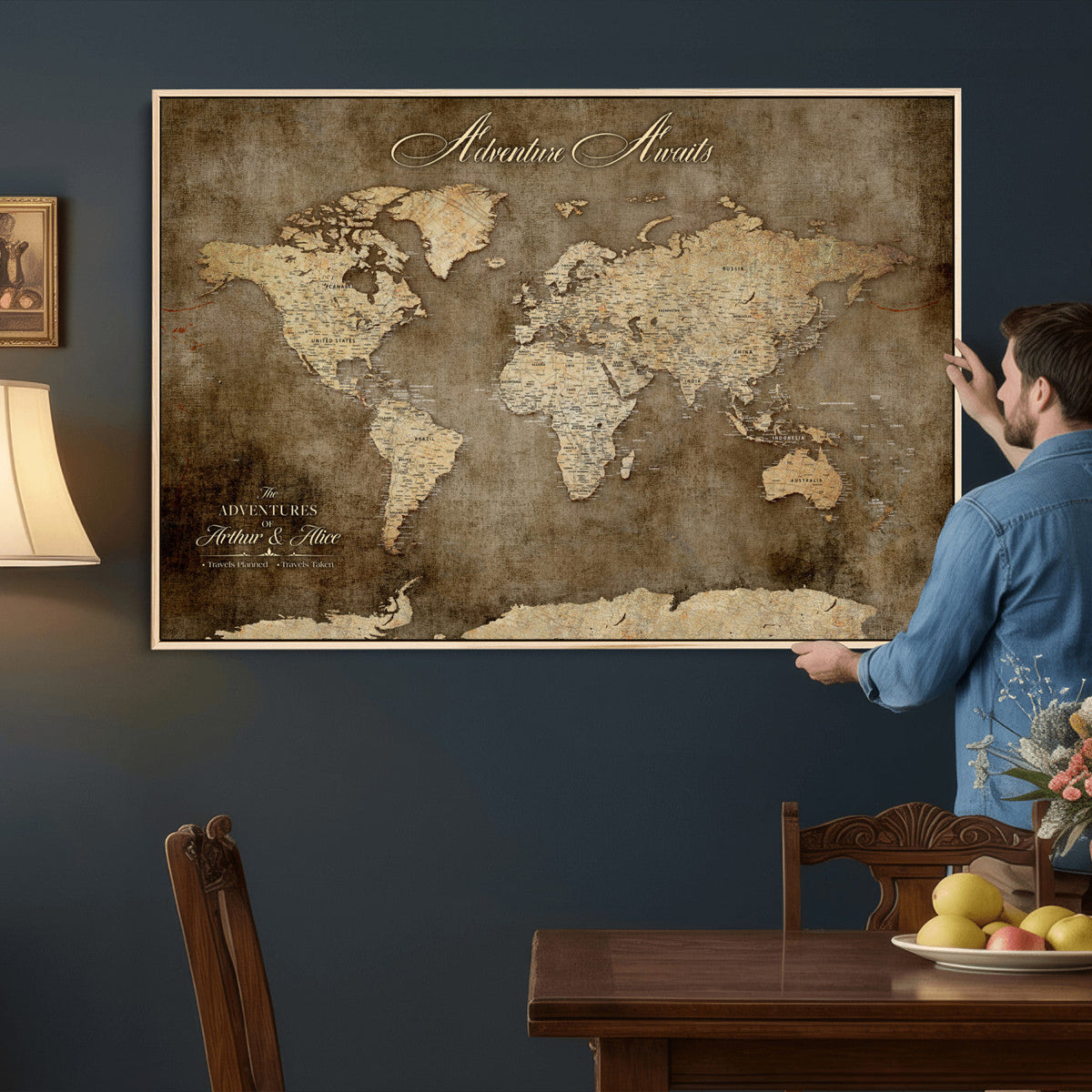 Personalized Framed Beige Push Pin Travel Map Canvas Print, Bucket List Map, Bedroom and Study Decor