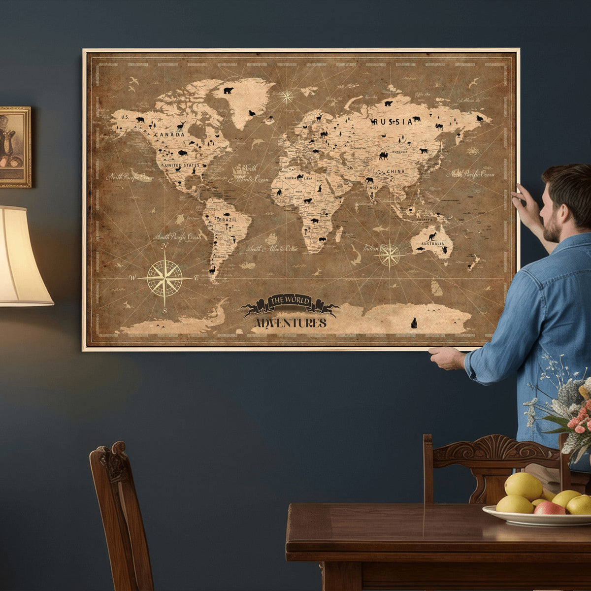 16235283-MGV-CV-36X24 - Custom World Travel Map Wall Art with Pins, Family Travel Tracker, Living Room and Bedroom Decor