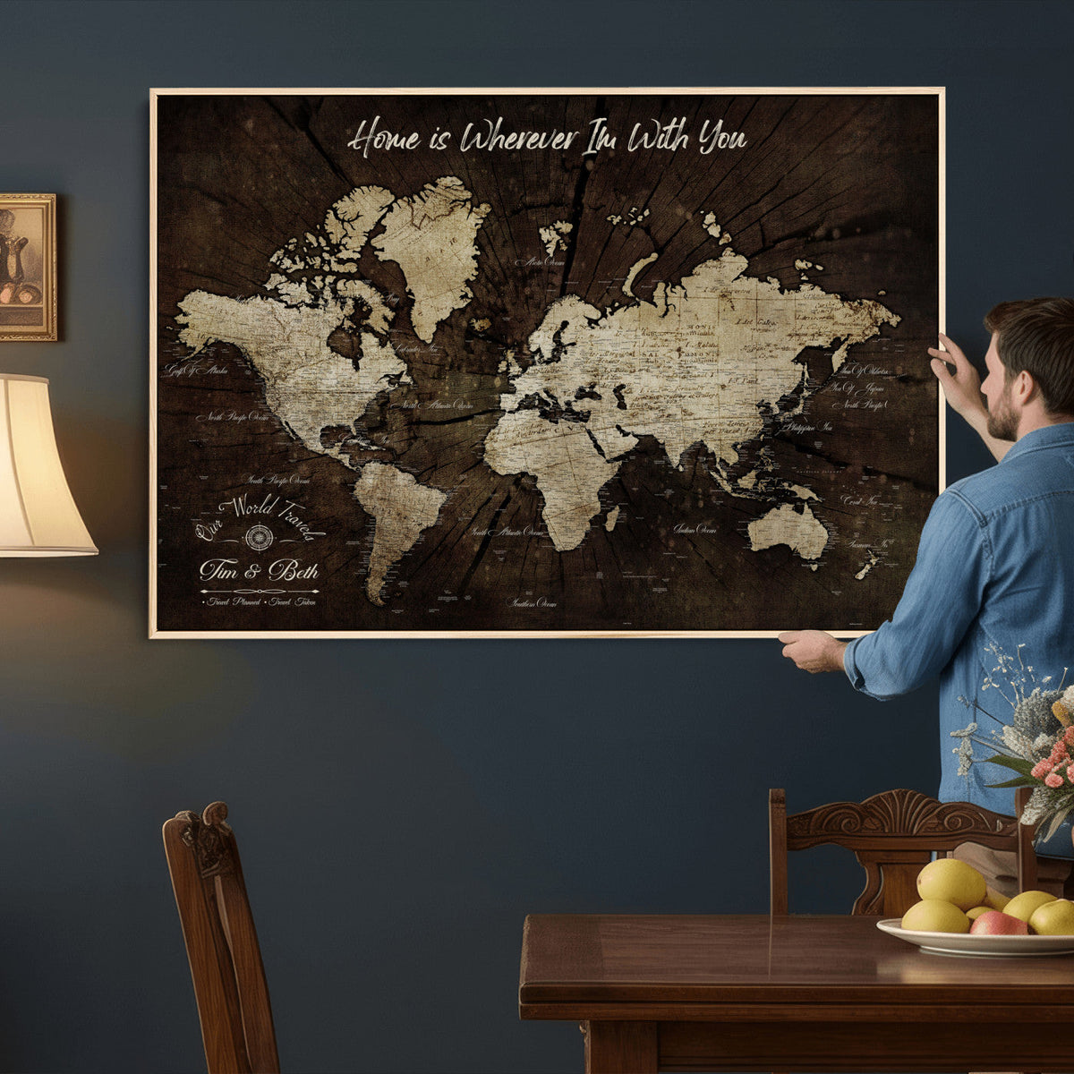 Personalized Watercolor Push Pin World Map Canvas Wall Art, Custom Framed Travel Map - NEWMAP-094