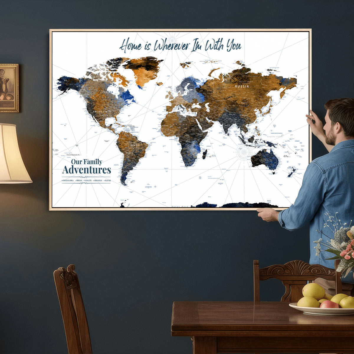 Personalized Framed Beige Modern Push Pin World Map Wall Art, Next Trip Planner Map, Family Room and Home Office Decor