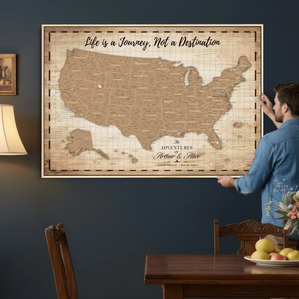 19102499-MGV-CV-36X24 - Personalized USA Push Pin Travel Map, Custom United States Map, Push Pin Map, USA Bucket List Map, Anniversary Gift | Couple Travel Map Wall Art