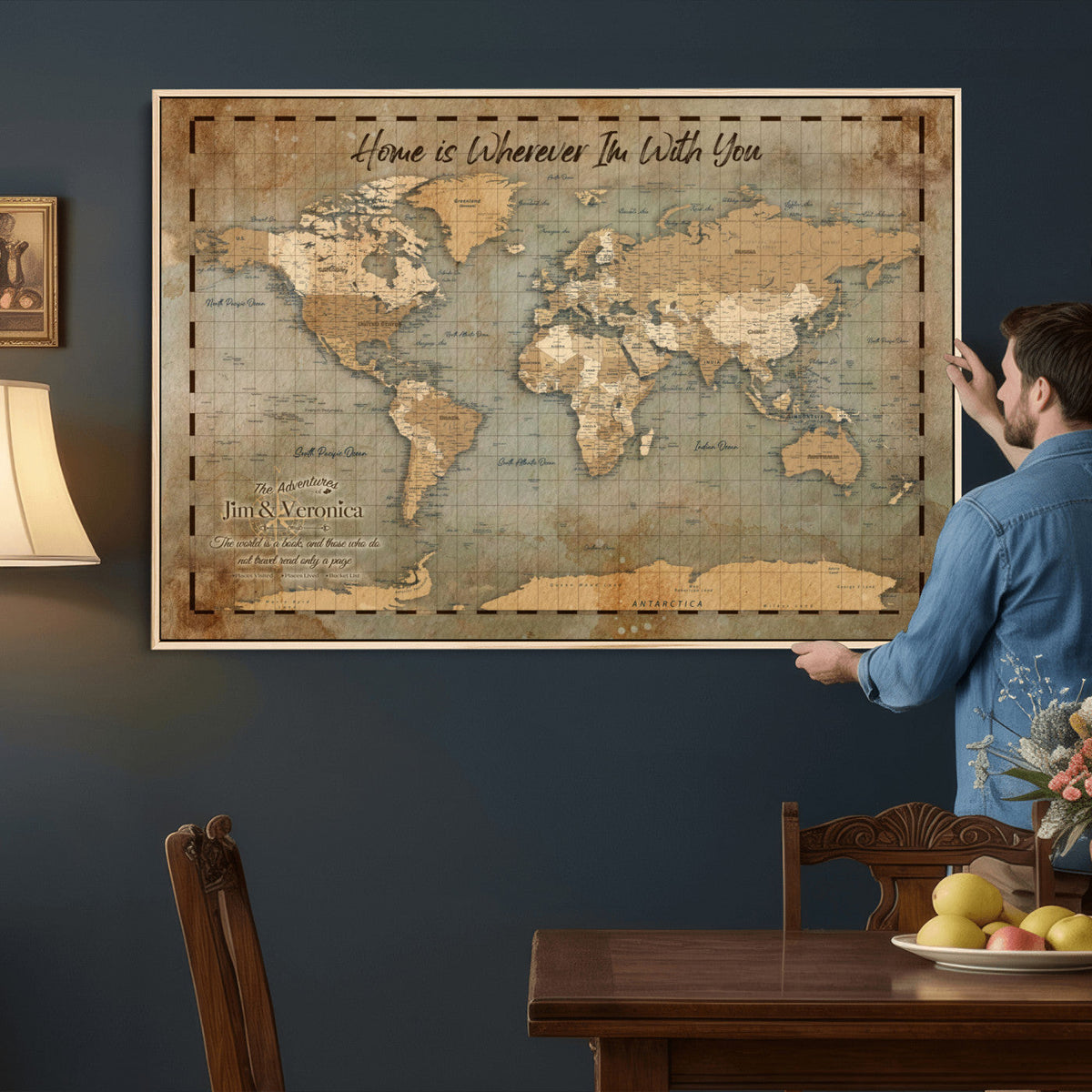 97123877-MGV-CV-36X24 - Vintage Custom Push Pin World Map Print | Vintage Travel Map Canvas, Personalized Names Anniversary Gift, Places Visited Pin Board