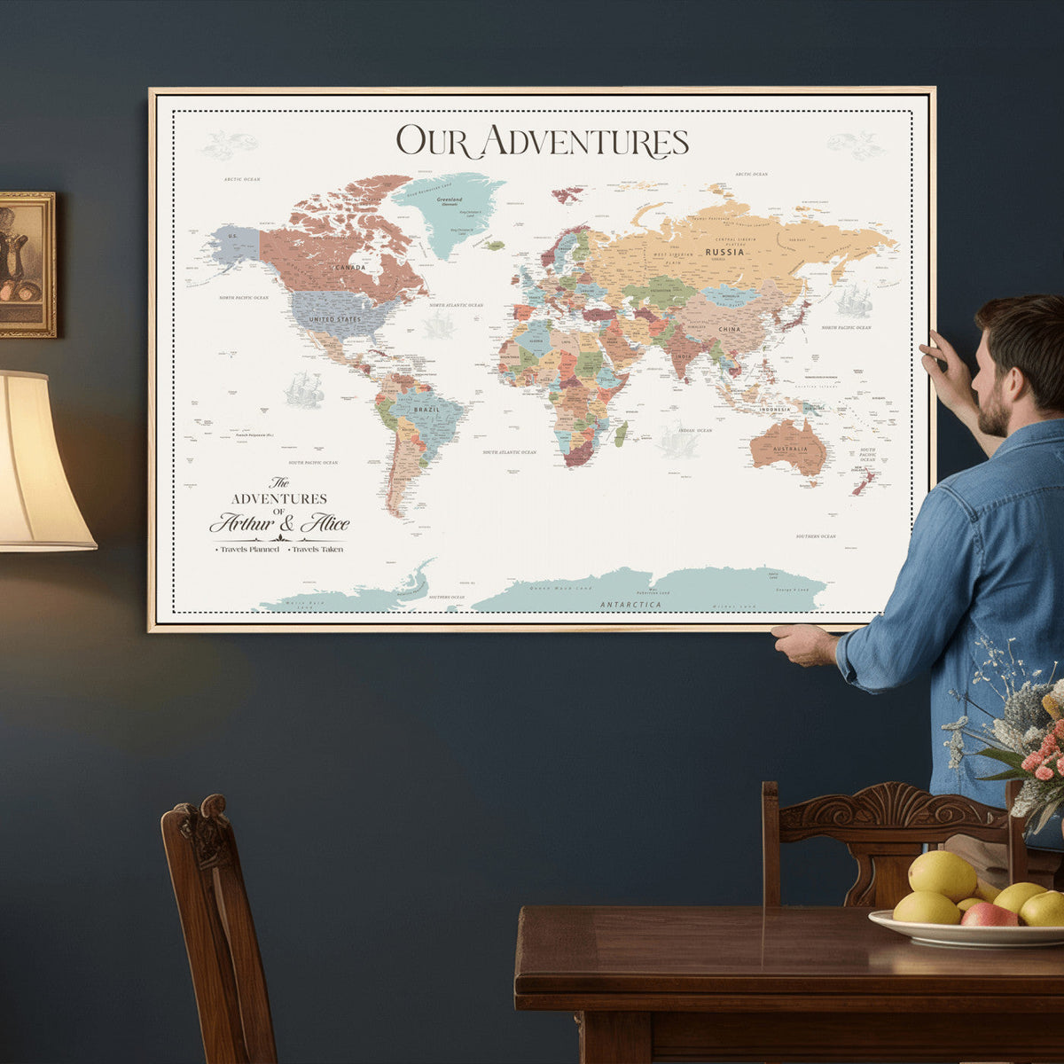 Personalized Framed Navy Push Pin World Map Canvas Print, Next Trip Planner Map, Living Room and Entryway Decor