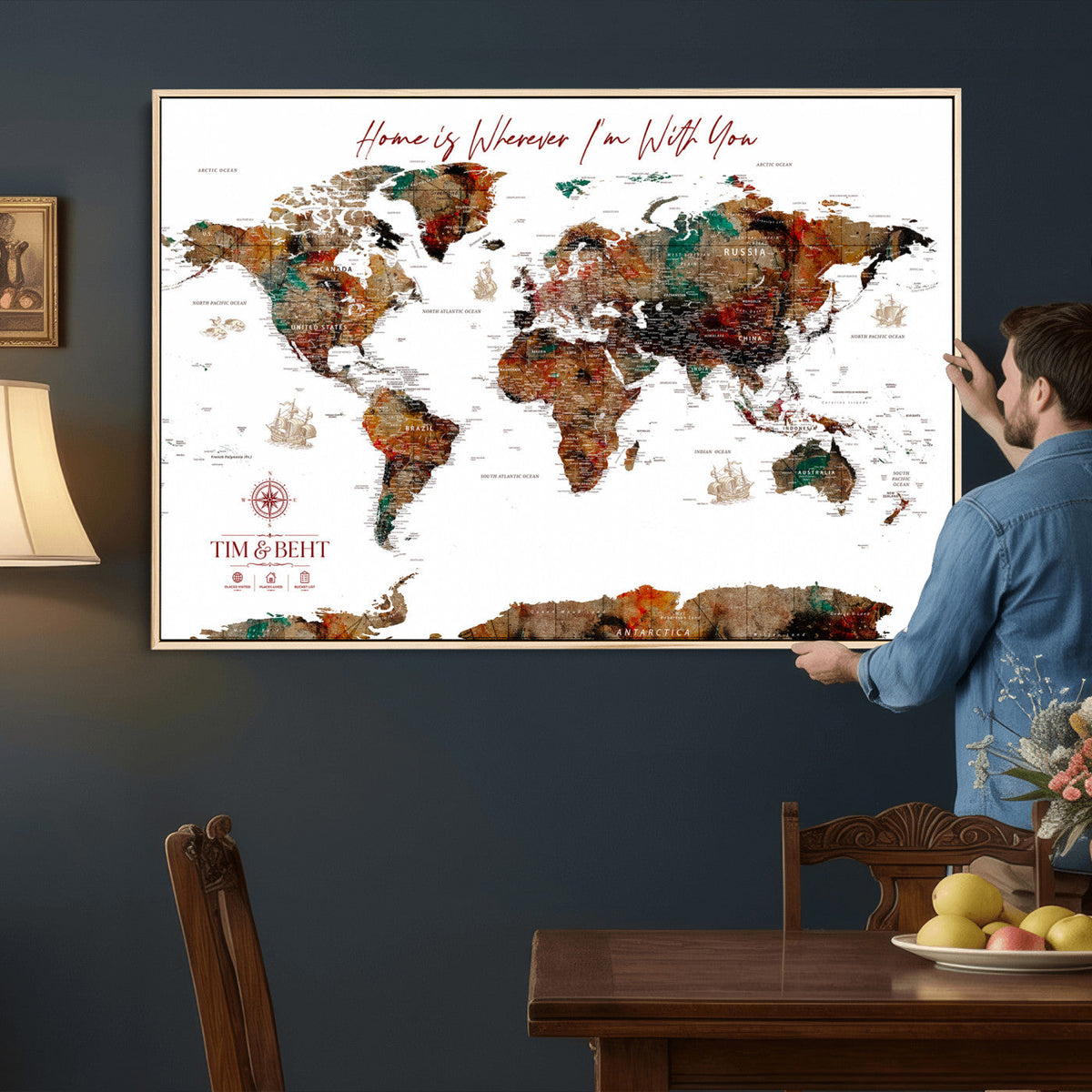 116MESUT-MGV-CV-36X24 - Custom Push Pin World Map Canvas Print | Personalized Travel Map Wall Art