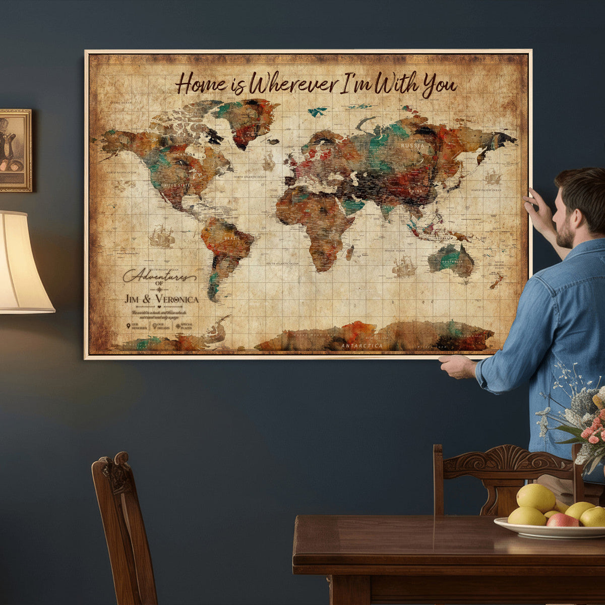 48389322-MGV-CV-36X24 - Custom Push Pin World Map Canvas Print | Personalized Travel Map Wall Art