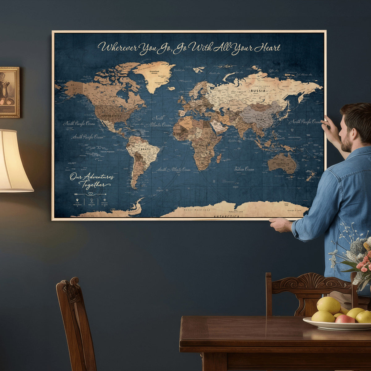 86810631-MGV-CV-36X24 - Our Family Adventures Push Pin World Map Wall Art Canvas Print - Family Travel Tracker Map with Pins