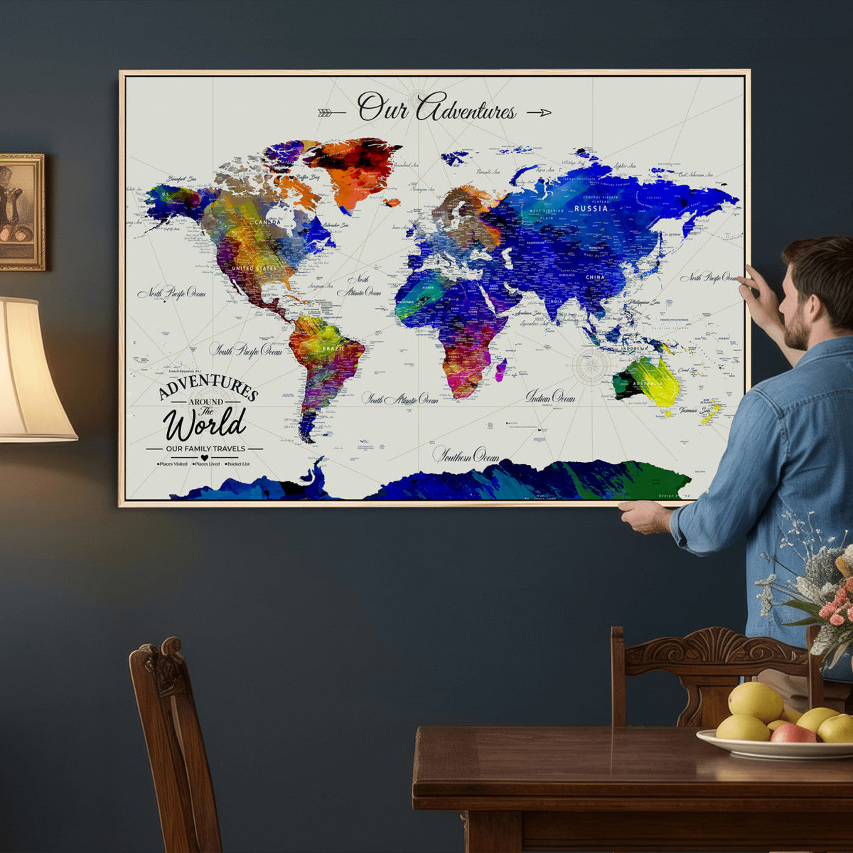 88162438-MGV-CV-36X24 - Our Family Adventures Push Pin World Map Wall Art Canvas Print | Family Travel Tracker Map with Pins